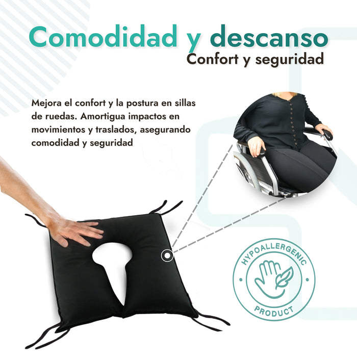 Cojín ortopédico; Alivio de presión coxis; Cojín antiescaras; Asiento ergonómico; Cuidado postural; Salud espinal; Cojín para sillas de ruedas; Cojín de viaje; Poliuretano transpirable; Ignífugo; Fibra de poliéster siliconada; Comodidad en el hogar