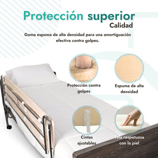 cubre barandillas, protector acolchado, seguridad en cama, OrtoPrix, cuidado paciente, material ignífugo, fácil limpieza, ajuste seguro, accesorios hospitalarios, comodidad cama